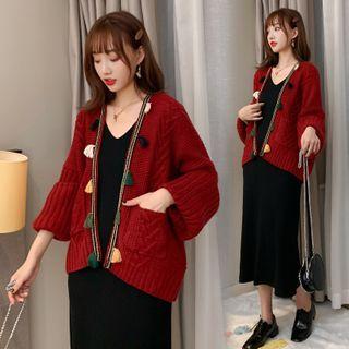 Color Button Cardigan / Sleeveless Midi Dress