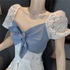 Puff-sleeve Lace Panel Bow Cropped Blouse