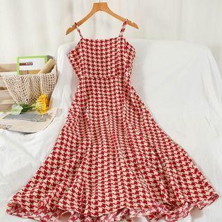 Spaghetti Strap Houndstooth Midi A-line Dress