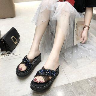 Sequined Cross Strap Platform Slide Sandals