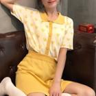 Set: Printed Short-sleeve Knit Top + A-line Skirt Lemon Yellow - One Size