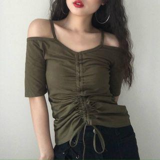Drawstring Cold-shoulder Short-sleeve T-shirt
