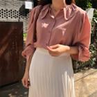 Padded-shoulder Balloon-sleeve Shirred Blouse Pink - One Size