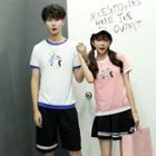 Short-sleeve Contrast-trim Printed Couple T-shirt