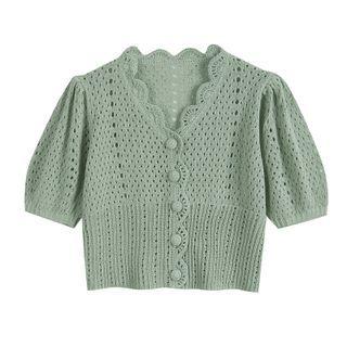 Short-sleeve Perforated Button-up Knit Top