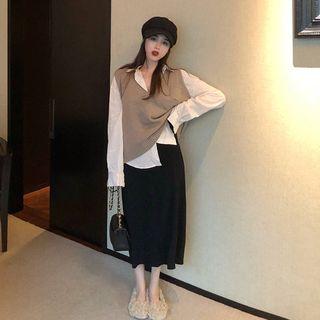 V-neck Knit Vest / Plain Shirt / H-line Midi Knit Skirt