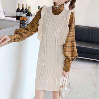 Plaid Blouse / Sleeveless Knit Dress / Set