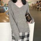 Long Sleeve V-neck Knit Top Coffee - One Size