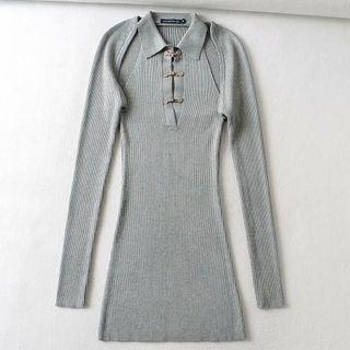 Set: Collared Frog-button Knit Mini Sheath Tank Dress + Long-sleeve Shrug