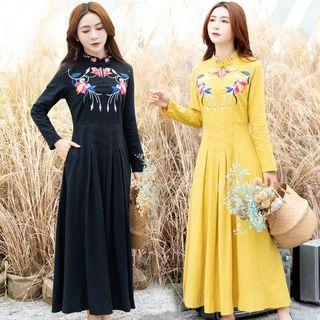 Long-sleeve Floral Embroidered Maxi A-line Dress