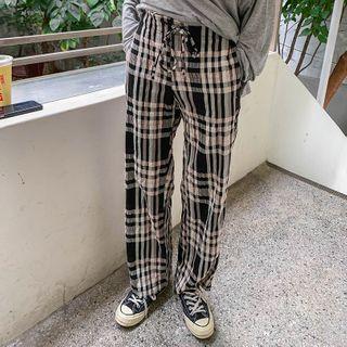 Drawstring-waist Checked Wide-leg Pants