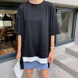 Mock Two-piece Elbow-sleeve T-shirt Black & White - One Size