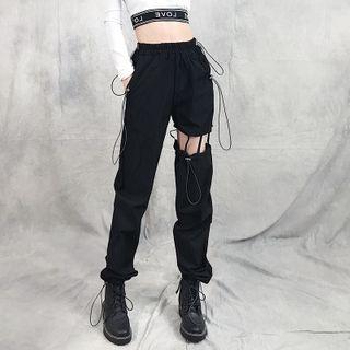 Cut-out Drawstring Cropped Harem Pants Black - One Size