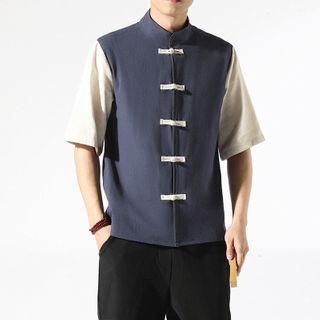 Contrast Color Elbow-sleeve Mandarin Collar Shirt