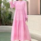 Puff-sleeve Midi A-line Eyelet Lace Dress