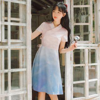 Short-sleeve Gradient Midi A-line Wrap Dress