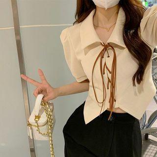 Puff-sleeve Collar Lace-up Blouse