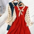 Long-sleeve Heart Print Frill Trim Knit A-line Dress