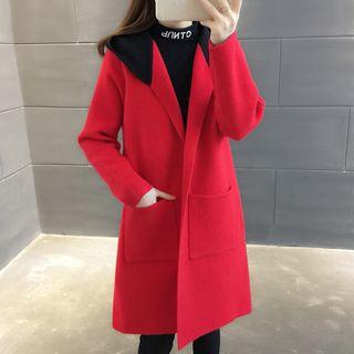 Lettering Hooded Open-front Knit Coat