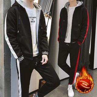 Set: Contrast Trim Fleece-lined Hooded Jacket + Sweatpants