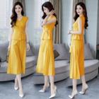 Set: Side Tie V-neck Tank Top + Cropped Wide-leg Pants