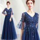 Bell-sleeve Floral Applique A-line Evening Gown