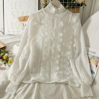Patchwork Ruffle Mock-neck Loose Blouse