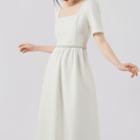 Short-sleeve Square-neck Faux Pearl Trim Midi A-line Dress