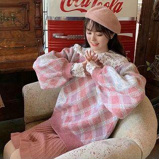 Peter-pan Collar Lace Top / Crewneck Long-sleeve Sweater / Skirt