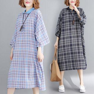 3/4-sleeve Plaid Midi Polo Dress