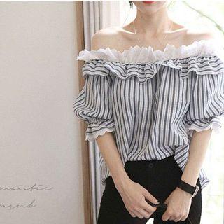 Striped Off-shoulder Elbow-sleeve Blouse Stripes - Grayish Blue - One Size