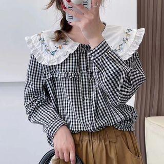Peter Pan-collar Embroidered Floral Panel Long-sleeve Plaid Blouse