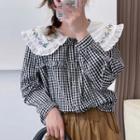 Peter Pan-collar Embroidered Floral Panel Long-sleeve Plaid Blouse