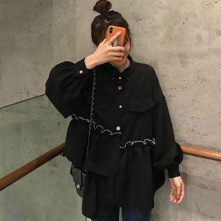 Long-sleeve Ruffle Trim Asymmetrical Shirt Black - One Size