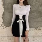 Long-sleeve T-shirt / Lace Up Mini Fitted Skirt