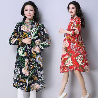 Floral Long-sleeve Midi Shirt Dress