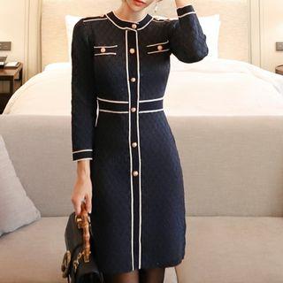 Long-sleeve Button-detail Sheath Dress Navy Blue - One Size
