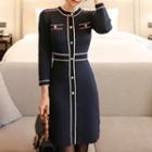 Long-sleeve Button-detail Sheath Dress Navy Blue - One Size