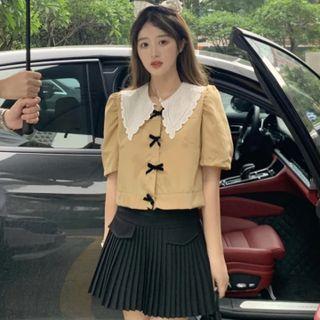 Puff-sleeve Peter Pan-collar Bow-accent Crop Shirt / Pleated Mini A-line Skirt