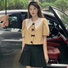 Puff-sleeve Peter Pan-collar Bow-accent Crop Shirt / Pleated Mini A-line Skirt