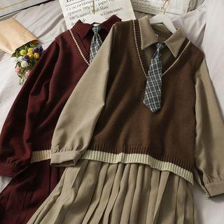 Set: Pleated Shirtdress With Tie + Contrasted Knit Vest