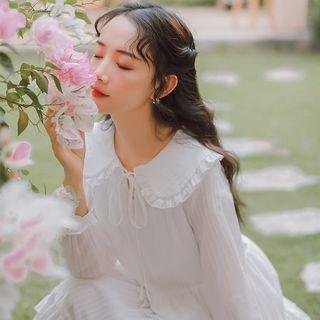 Lace-up Frilled Trim Long-sleeve A-line Dress