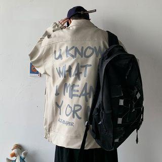 Faux Leather Letter Printed Zip Jacket