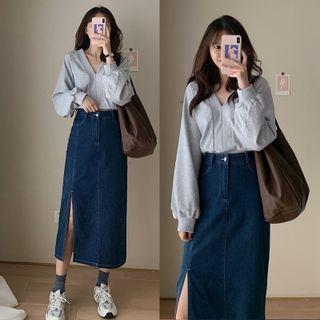 Set: V-neck Sweatshirt + Mid Waist Slit Denim Midi Skirt