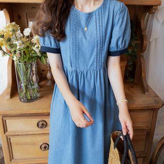 Pintuck-front Denim Dress Blue - One Size