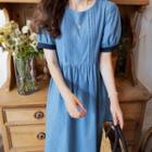 Pintuck-front Denim Dress Blue - One Size