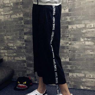 Couple Matching Letter Trim Wide-leg Pants Black - One Size