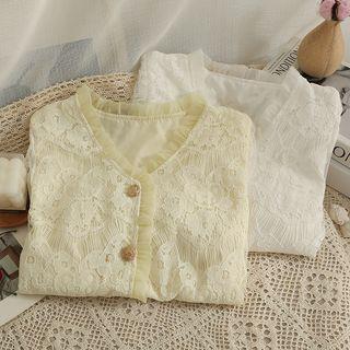 Mesh Ruffle-trim V-neck Lace Shirt