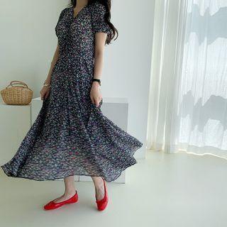 V-neck Floral Chiffon Long Dress Navy Blue - One Size