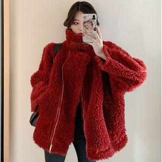 Stand-collar Loose-fit Fleece Jacket Wine Red - One Size